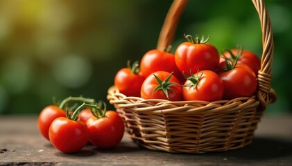 Wicker basket filled with freshly picked tomatoes , healthy food, farm fresh, freshness