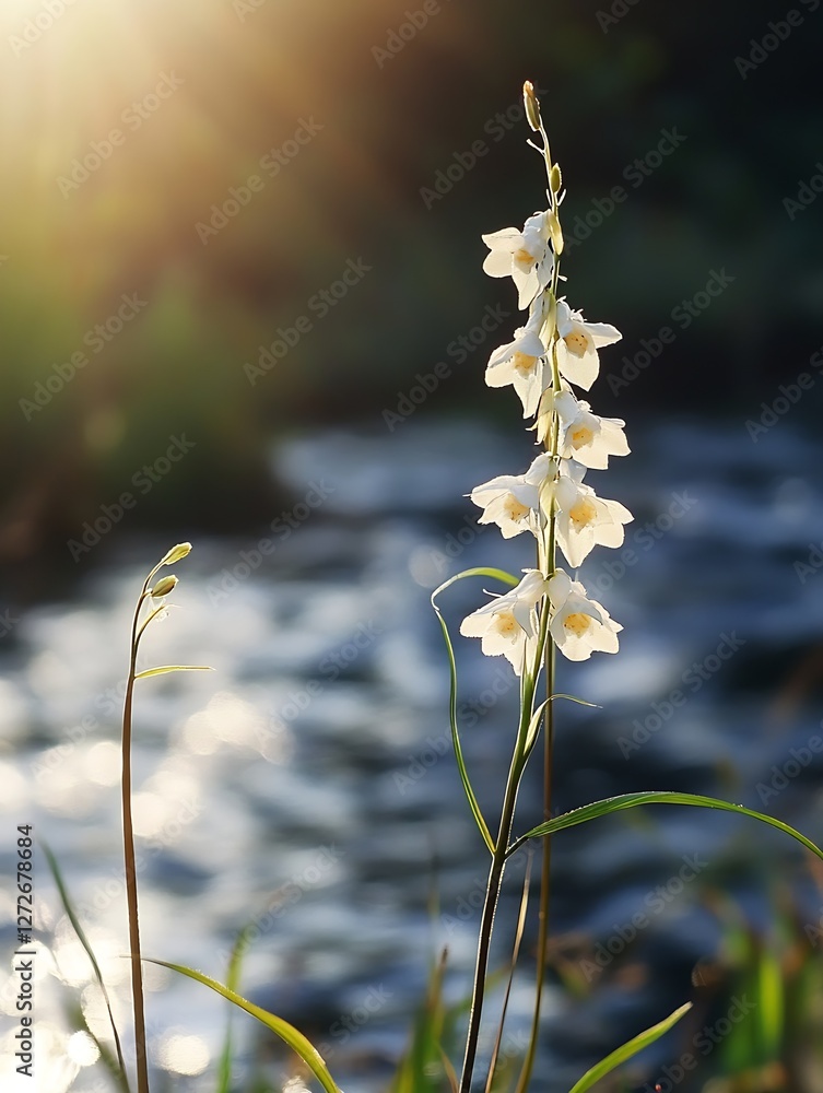 Poster delicate white orchids blooming in sunlight by a sparkling river : generative ai