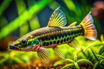 Macro photograph of a Chinese Algae Eater (Gyrinocheilus aymonieri) showcasing intricate details within an aquarium setting.