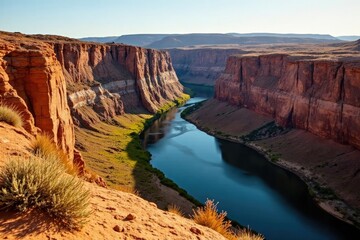 Horseshoe Canyon with sandstone cliffs and riverside vegetation in autumn colors, sandy cliffside, desert landscape, fall foliage