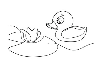 Cute Duckling by a Pond with a Water Lily Flower