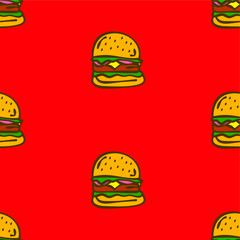 doodle burger pattern background. doodle fast food burger seamless pattern background. Seamless Pattern of a Cheese Burger or Hamburger. hamburger pattern.