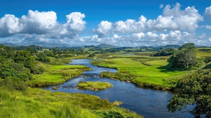 Obraz premium Winding river flows through lush green meadows under a bright blue sky with fluffy white clouds.