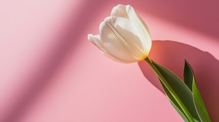A single tulip with delicate petals, standing gracefully on a light pink background.