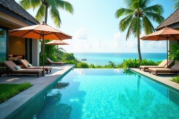 Fototapeta premium Bangkok hotel salt pool, crystal blue water Summer vacation bliss , tropical, hotel