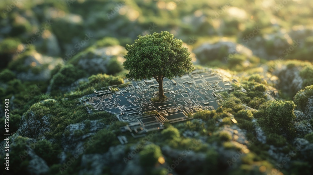 Poster a tree growing on a circuit board-like surface, symbolizing nature and technology integration.