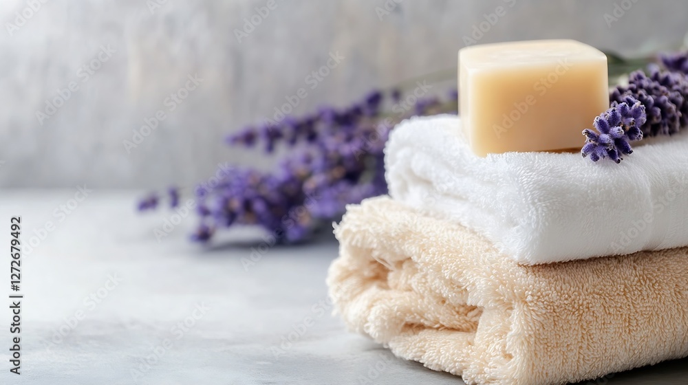 Poster relaxing spa setup with lavender towels and natural soap on gray surface : generative ai