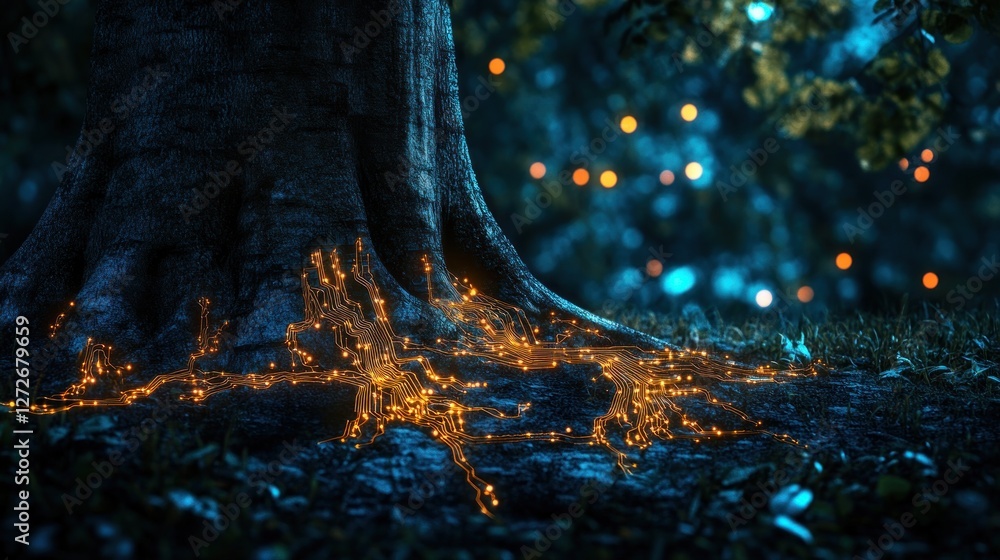 Poster a mystical tree base illuminated by glowing roots and ethereal lights in a dark forest.