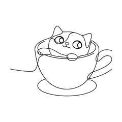 Adorable Kitten Relaxing in a Cozy Teacup OneLine Drawing
