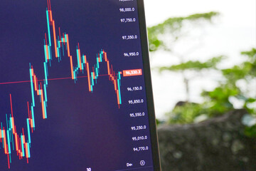Laptop Screen with Trading Chart and Ocean View in the Background