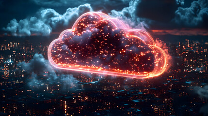 Obraz premium Glowing Fire Cloud Over Night Cityscape