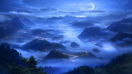 Night scene, crescent moon over misty lake and mountains