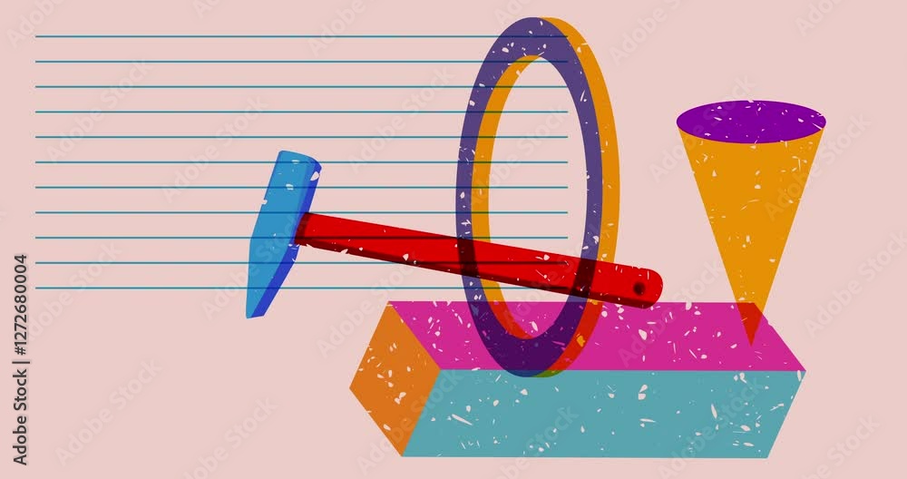 Poster risograph hammer with geometric shapes animation. moving object in trendy riso graph design video.
