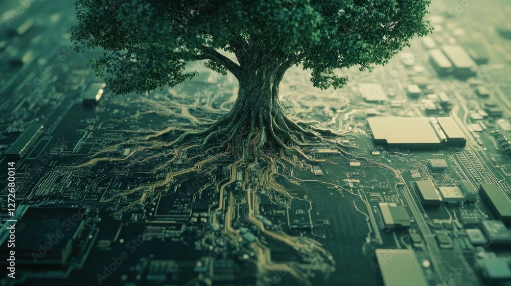 Aufkleber a tree with roots intertwined in a circuit board, symbolizing the fusion of nature and technology.