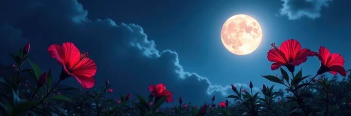 Dark hibiscus silhouettes on a moonlit night, mysterious ambiance , silhouette, purple, bloom