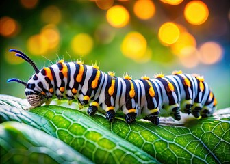 Macro shot of an iridescent black and white caterpillar; urban bokeh background.