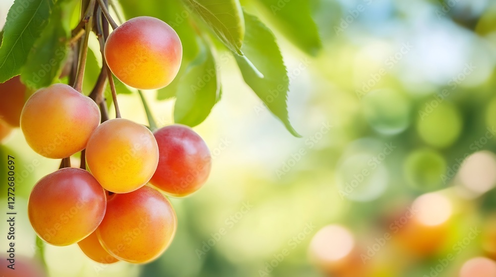 Poster fresh ripe plums hanging from branches in a sunlit orchard setting : generative ai