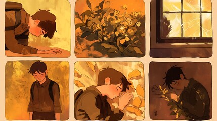 8 panel storyboard, colorful anime style