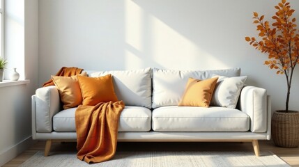 Light and airy living room with a cozy off-white sofa featuring burnt orange throw pillows and blanket, complemented by a decorative autumnal branch in a woven basket.