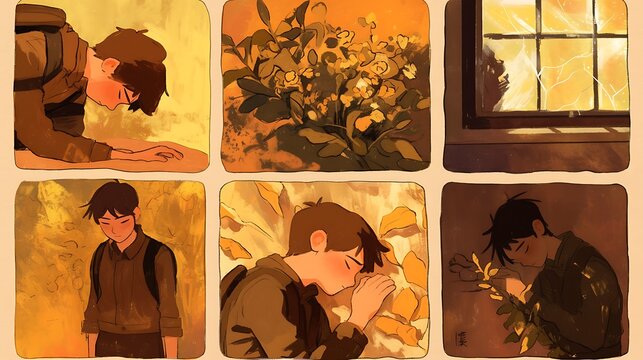 8 panel storyboard, colorful anime style