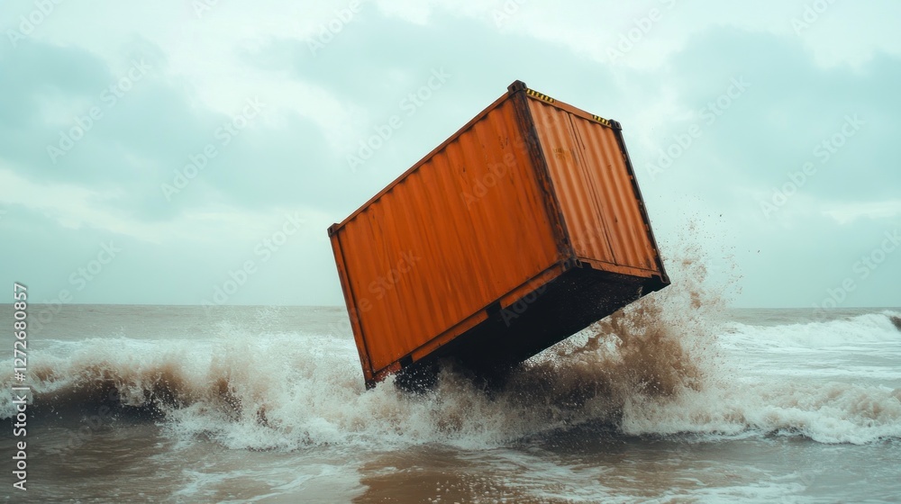 Poster an orange shipping container is partially submerged in turbulent ocean waves.