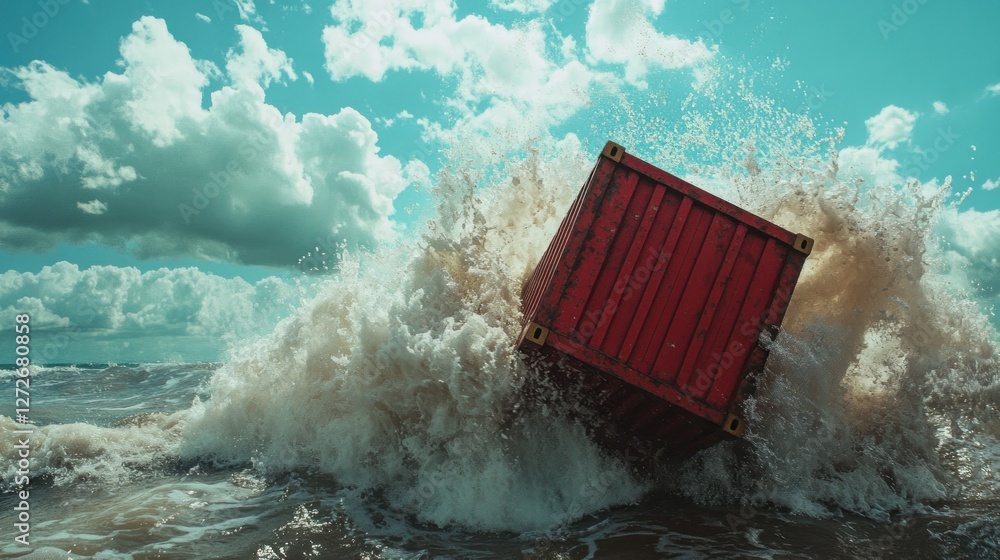 Poster a red shipping container is partially submerged in turbulent ocean waves under a dramatic sky.