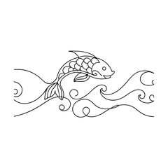 Leaping Koi Fish Line Art Aquatic Wave Design Illustration