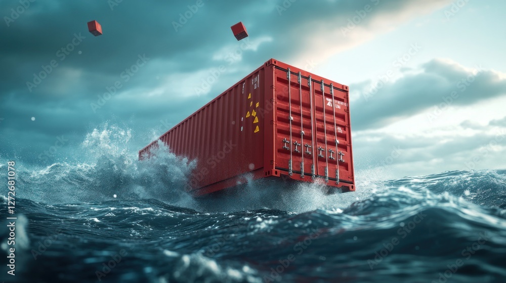 Poster a red shipping container is partially submerged in turbulent ocean waters under a cloudy sky.