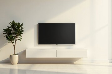 Modern Minimalist Living Room Interior Design Featuring a Flat Screen Television on a Sleek White Media Console and a Potted Plant