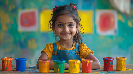 Happy Indian Schoolgirl Fully Engaged in an Art Lesson, Painting with Vibrant Colors in a Creative Classroom 