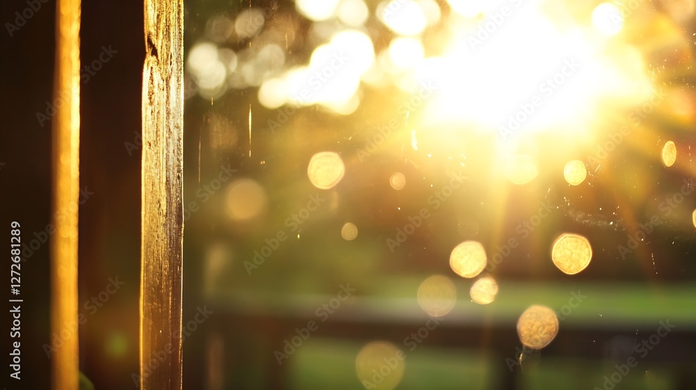 Poster golden sunrise through window creating beautiful natural bokeh effect : generative ai