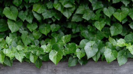 Fototapeta premium Lush green ivy leaves covering a weathered wooden wall