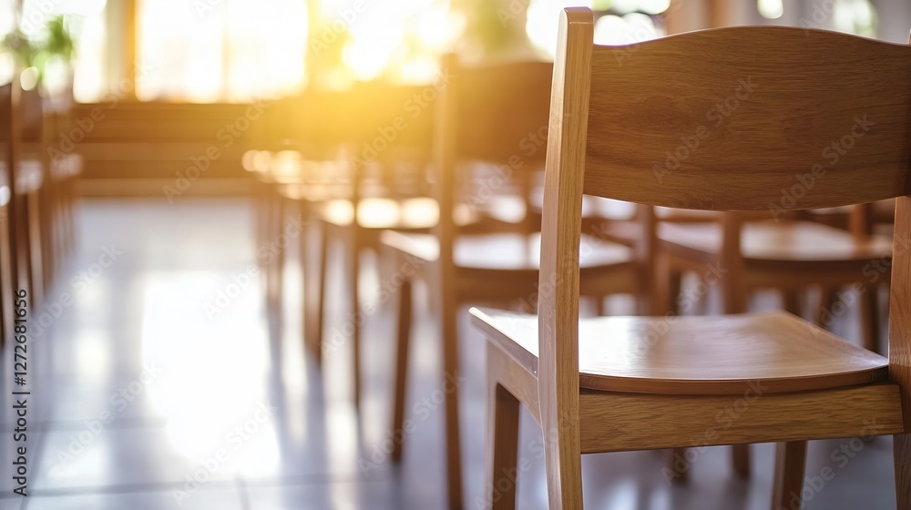 Poster empty wooden chairs in a bright sunlit room creating a warm inviting atmosphere : generative ai