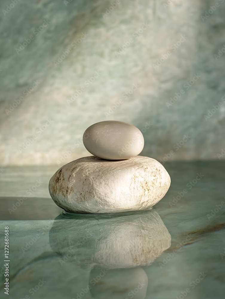Poster Minimalist Composition of Two Smooth Stones on Reflective Surface : Generative AI