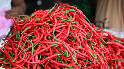 fresh curly rec chilies are sold in traditional markets