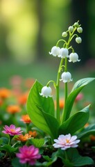 Lilies of the valley caught in a playful breeze amidst other flowers, colorful, whimsical, nature