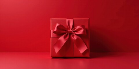 A luxuriously wrapped crimson gift box with a large satin bow sits elegantly on a matching crimson surface.