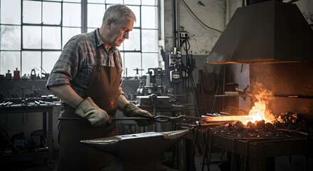 Senior blacksmith forging hot metal in traditional workshop. Craftsman working with fire and anvil. Industrial metalworking scene with sparks and flames.