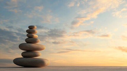 Stacked Stones at Sunset in a Peaceful Natural Setting : Generative AI