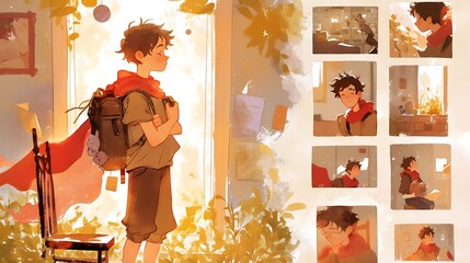 8 panel storyboard, colorful anime style