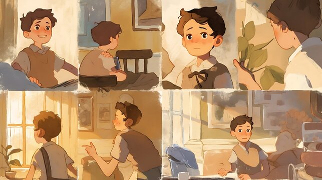 Storyboard 8 panels adult male, colorful anime style