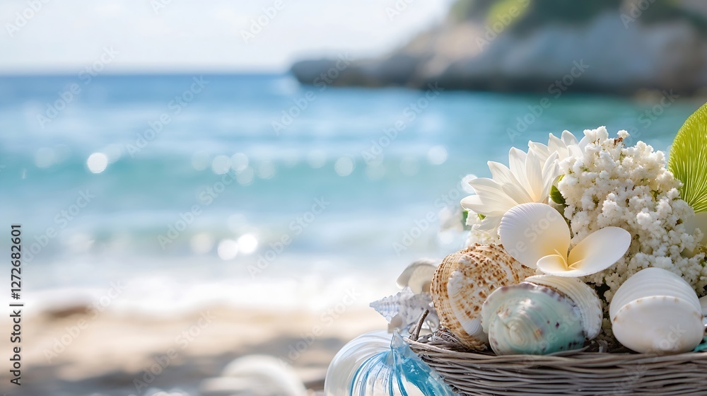 Poster beautiful beach scene with seashells and flowers against ocean background : generative ai