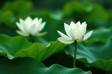 Obraz premium Lush greenery surrounds a majestic white lotus lily, lotus, greenery