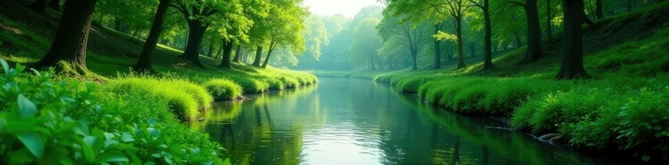 Obraz premium lush greenery surrounds the gentle river bend, bend, foliage
