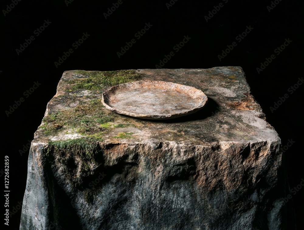 Aufkleber ancient flat rectangular rock slab with moss on surface in dark background for natural history and n