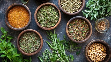 Fototapeta premium Colorful bowls filled with various tonic herbs are beautifully arranged on a rustic surface, evoking an inviting atmosphere for preparing a comforting chicken soup