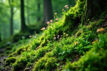 Fototapeta premium Lush green foliage surrounds a rugged hillside covered in moss and wildflowers, Moss, Nature