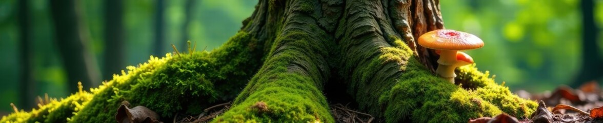 Lush green moss and mushroom growth at base of ancient tree trunk, forest, moss