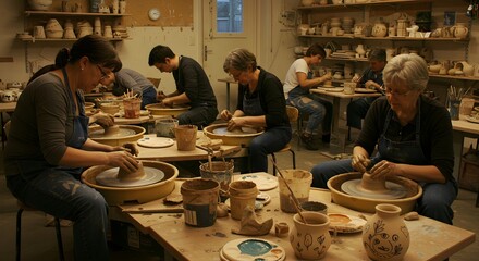 Pottery workshop with diverse group of adults crafting clay vessels. Artistic community class in rustic studio. Hands-on creativity and skill development in ceramics.