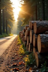 Golden Hour Pathway Beside a Stack of Timber Logs in a Forest